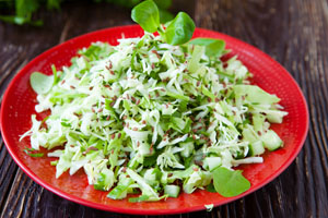 A red plate on a dark wood table holds green coleslaw, a freshly made, diabetic side dish.